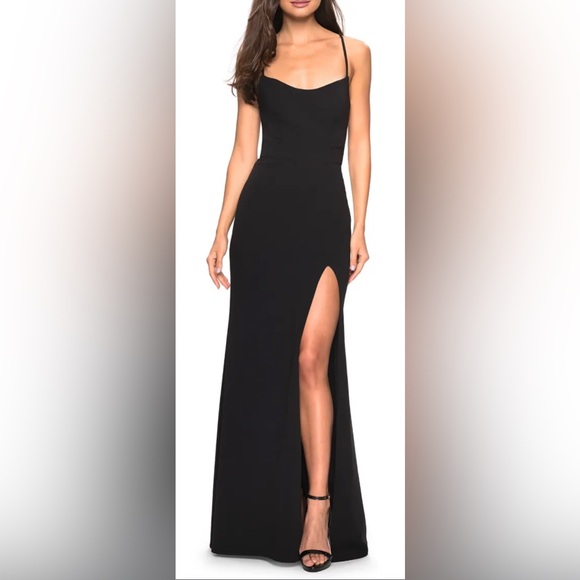 La Femme Black Spaghetti Strap Corset Back Jersey Gown Size 12 NWT - Picture 1 of 16